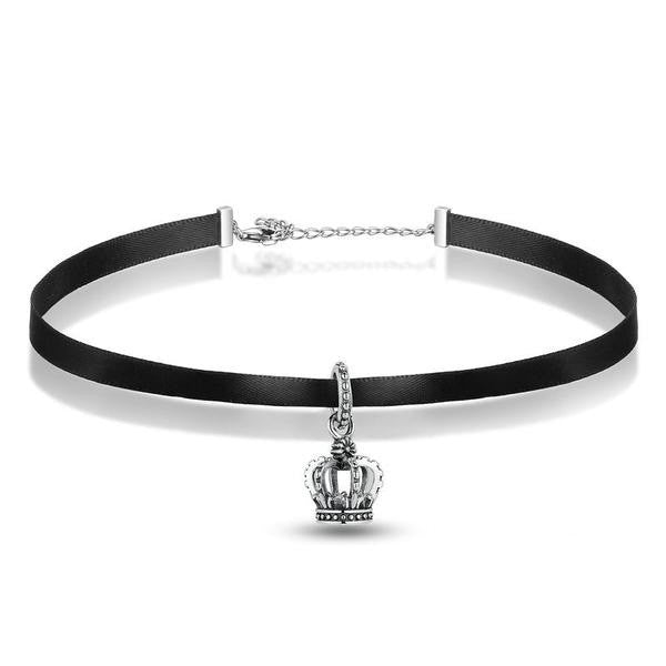 black choker necklace silver chain attachment crown pendant