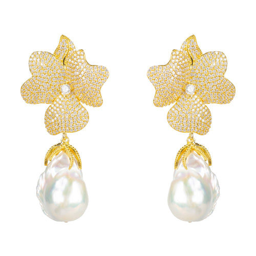 Gold Baroque Pearl White Flower Drop Earrings Main Image Close Up