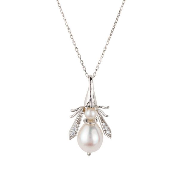 Silver & Pearl Honey Bee Pendant Necklace Main Image Close Up of Honey Bee Pendant