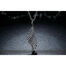 925 Sterling Silver Necklace Cubic Zirconia Feather Pendant Black Background