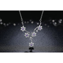 925 Sterling Silver Necklace with Refined Purple CZ Flowers Pendant Black Background