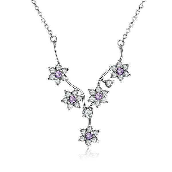 925 Sterling Silver Necklace with Refined Purple CZ Flowers Pendant main image