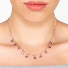 Woman Wearing Rose Gold & Amethyst Gemstone Necklace Close Up