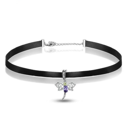 black choker necklace silver chain attachment dragonfly pendant