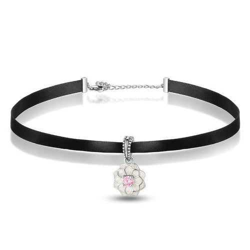 black choker necklace silver chain attachment pink flower pendant main image