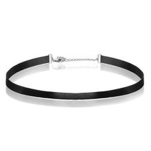 black choker necklace with silver chain attachment