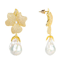 Gold Baroque Pearl White Flower Drop Earrings Front and Side View