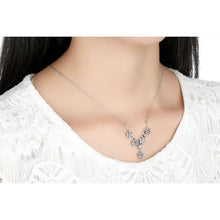 Woman Wearing 925 Sterling Silver Necklace with Refined Purple CZ Flowers Pendant